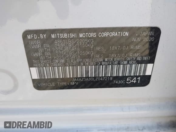 ✅ 2020 Mitsubishi Outlander ES • VIN: JA4AZ3A30LZ047219 • Lot: 43115867. Listed on IAAI with 98,689 mi. Free auction sales archive from the USA and detailed vehicle history report at DreamBid. Image 9.