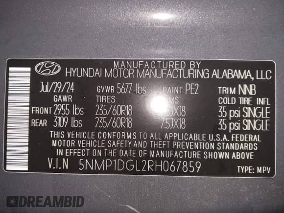 2024 Hyundai Santa Fe SE с VIN 5NMP1DGL2RH067859, выставлен на аукционе IAAI как лот 41432965 с пробегом 2 106 миль миль и . История ставок и продаж доступна на DreamBid. Изображение 9.