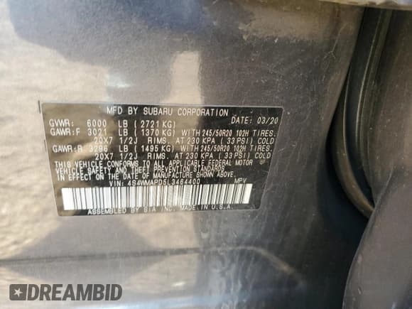 ✅ 2020 Subaru Ascent Limited • VIN: 4S4WMAPD5L3464400 • Lot: 91034445. Listed on Copart with 80,896 mi. Free auction sales archive from the USA and detailed vehicle history report at DreamBid. Image 13.