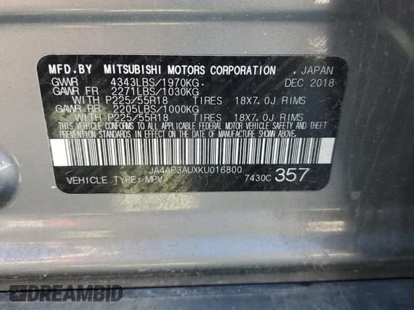 ✅ 2019 Mitsubishi Outlander ES • VIN: JA4AP3AUXKU016800 • Lot: 82703025. Wystawiony na Copart z przebiegiem 114 631 mil. Bezpłatny archiwum sprzedaży aukcyjnych z USA i szczegółowy raport historii pojazdu na DreamBid. Zdjęcie 13.