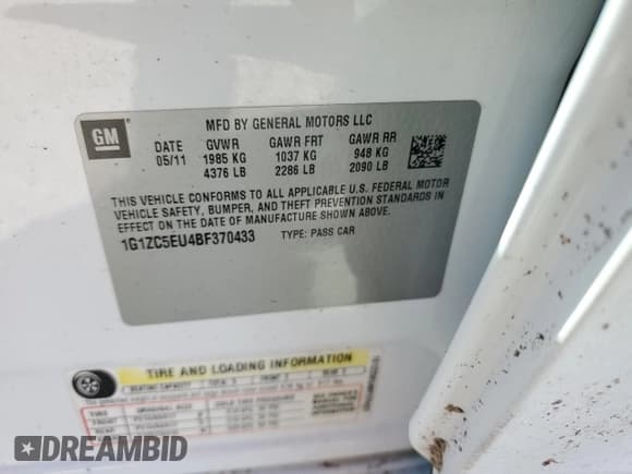 ✅ 2011 Chevrolet Malibu 1LT • VIN: 1G1ZC5EU4BF370433 • Lot: 76962494. Listed on Copart with Not provided. Free auction sales archive from the USA and detailed vehicle history report at DreamBid. Image 12.