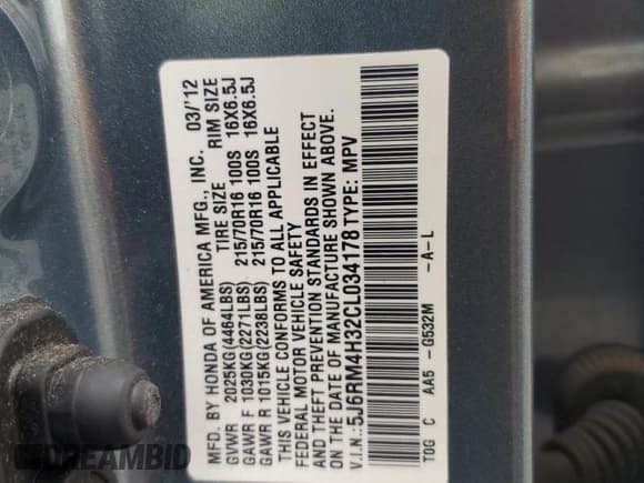 ✅ 2012 Honda CR-V LX • VIN: 5J6RM4H32CL034178 • Lot: 61177515. Listed on Copart with 83,277 mi. Free auction sales archive from the USA and detailed vehicle history report at DreamBid. Image 13.