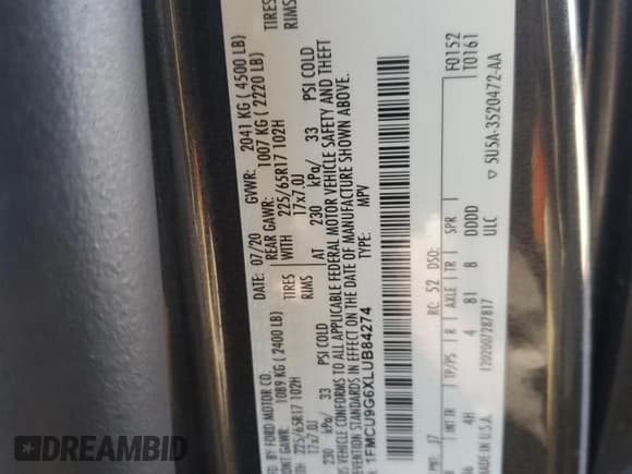 ✅ 2020 Ford Escape SE • VIN: 1FMCU9G6XLUB84274 • Лот: 92876335. Опубликован ранее на Copart с пробегом 85 561 миль. Бесплатный доступ к архиву аукционных продаж из США и подробный отчёт об истории автомобиля на DreamBid. Изображение 13.