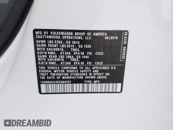 ✅ 2019 Volkswagen Atlas SE • VIN: 1V2DR2CA7KC594707 • Lot: 43801405. Listed on IAAI with 133,324 mi. Free auction sales archive from the USA and detailed vehicle history report at DreamBid. Image 9.