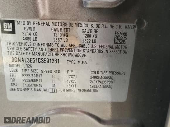 2012 Chevrolet Captiva Sport LT с VIN 3GNAL3E51CS591381, выставлен на аукционе Copart как лот 89497625 с пробегом 126 973 миль миль и Списание • Salvage title. История ставок и продаж доступна на DreamBid. Изображение 13.