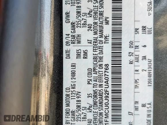 ✅ 2015 Ford Escape Titanium • VIN: 1FMCU0J92FUA07768 • Lot: 53382545. Listed on Copart with Not provided. Free auction sales archive from the USA and detailed vehicle history report at DreamBid. Image 16.