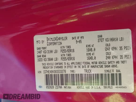 2006 Dodge Dakota SLT with VIN 1D7HE48N36S533278, listed as a IAAI auction lot 43406304 with 123,574 mi miles and . Bid and sale history available at DreamBid. Image 9.