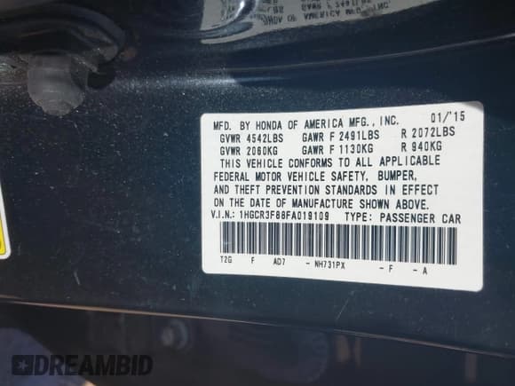 ✅ 2015 Honda Accord EX-L • VIN: 1HGCR3F88FA019109 • Лот: 43695015. Опубликован ранее на IAAI с пробегом 169 833 миль. Бесплатный доступ к архиву аукционных продаж из США и подробный отчёт об истории автомобиля на DreamBid. Изображение 9.