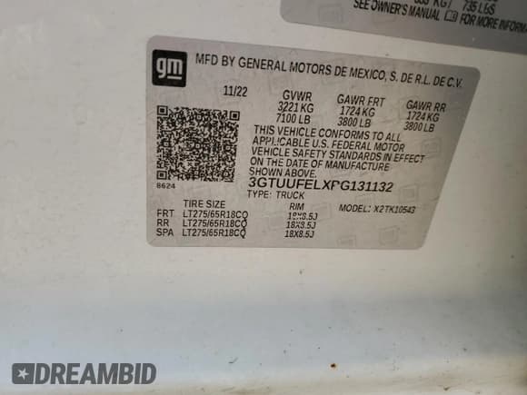 ✅ 2023 GMC Sierra 1500 AT4X • VIN: 3GTUUFELXPG131132 • Лот: 69287445. Опубликован ранее на Copart с пробегом 87 210 миль. Бесплатный доступ к архиву аукционных продаж из США и подробный отчёт об истории автомобиля на DreamBid. Изображение 12.