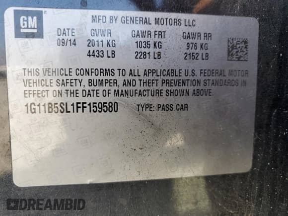 2015 Chevrolet Malibu LS with VIN 1G11B5SL1FF159580, listed as a Copart auction lot 89696795 with 140,078 mi miles and Clean title. Bid and sale history available at DreamBid. Image 12.