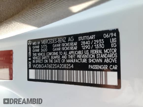 ✅ 1995 Mercedes-Benz S • VIN: WDBGA76E2SA208254 • Lot: 51515445. Listed on Copart with 176,840 mi. Free auction sales archive from the USA and detailed vehicle history report at DreamBid. Image 12.