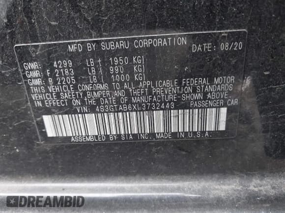 ✅ 2020 Subaru Impreza • VIN: 4S3GTAB6XL3732443 • Lot: 42043792. Listed on IAAI with 46,917 mi. Free auction sales archive from the USA and detailed vehicle history report at DreamBid. Image 9.