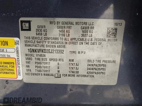 ✅ 2014 Chevrolet Traverse LS • VIN: 1GNKVFKD2EJ213392 • Лот: 43156876. Опубликован ранее на IAAI с пробегом 106 567 миль. Бесплатный доступ к архиву аукционных продаж из США и подробный отчёт об истории автомобиля на DreamBid. Изображение 9.