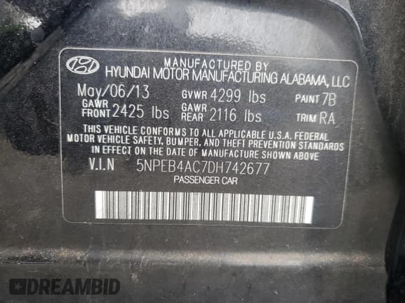 ✅ 2013 Hyundai Sonata GLS • VIN: 5NPEB4AC7DH742677 • Lot: 62876454. Listed on Copart with 240,222 mi. Free auction sales archive from the USA and detailed vehicle history report at DreamBid. Image 14.