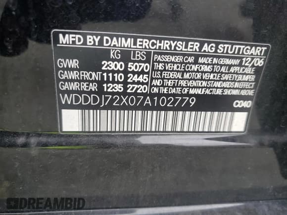 ✅ 2007 Mercedes-Benz CLS 550 • VIN: WDDDJ72X07A102779 • Lot: 81334765. Listed on Copart with 180,023 mi. Free auction sales archive from the USA and detailed vehicle history report at DreamBid. Image 12.