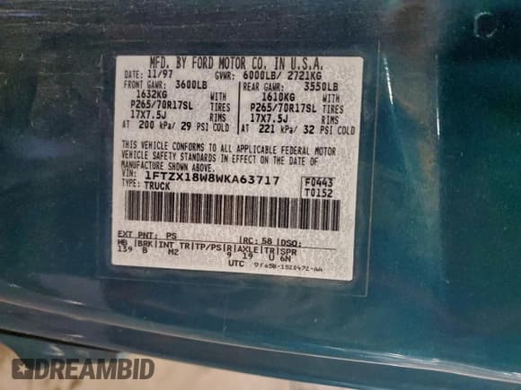 ✅ 1998 Ford F-150 • VIN: 1FTZX18W8WKA63717 • Lot: 96224275. Listed on Copart with 218,334 mi. Free auction sales archive from the USA and detailed vehicle history report at DreamBid. Image 12.