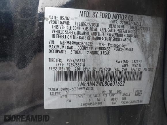 ✅ 2008 Mercury Sable Premier • VIN: 1MEHM42W08G601622 • Lot: 43434891. Listed on IAAI with 164,448 mi. Free auction sales archive from the USA and detailed vehicle history report at DreamBid. Image 9.