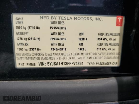 ✅ 2015 Tesla Model S 85 • VIN: 5YJSA1H13FFP74861 • Lot: 70289345. Listed on Copart with 68,758 mi. Free auction sales archive from the USA and detailed vehicle history report at DreamBid. Image 13.
