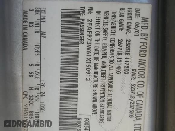 ✅ 2001 Ford Crown Victoria • VIN: 2FAFP73W61X190913 • Lot: 53063475. Listed on Copart with 151,527 mi. Free auction sales archive from the USA and detailed vehicle history report at DreamBid. Image 12.