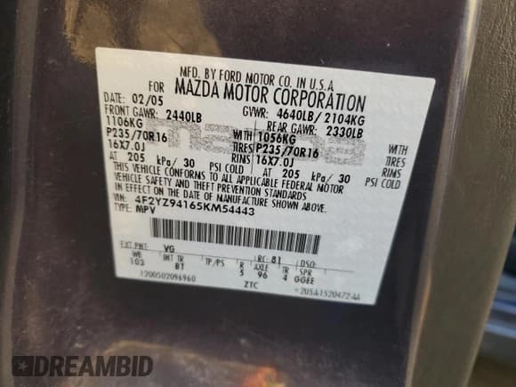 ✅ 2005 Mazda Tribute LX • VIN: 4F2YZ94165KM54443 • Lot: 89341755. Wystawiony na Copart z przebiegiem 109 196 mil. Bezpłatny archiwum sprzedaży aukcyjnych z USA i szczegółowy raport historii pojazdu na DreamBid. Zdjęcie 13.