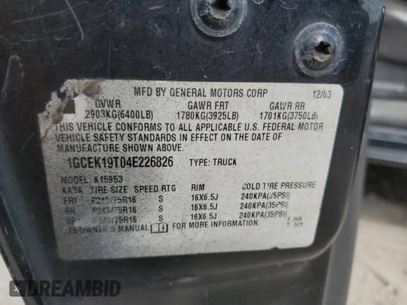 2004 Chevrolet Silverado 1500 Z71 с VIN 1GCEK19T04E226826, выставлен на аукционе Copart как лот 71755004 с пробегом Не указан миль и Списание • Salvage title. История ставок и продаж доступна на DreamBid. Изображение 12.