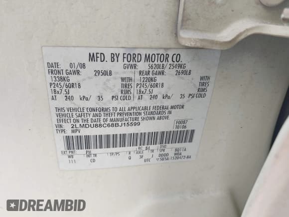 ✅ 2008 Lincoln MKX • VIN: 2LMDU88C68BJ15599 • Lot: 43483155. Listed on IAAI with 242,225 mi. Free auction sales archive from the USA and detailed vehicle history report at DreamBid. Image 9.