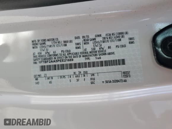 ✅ 2023 Ford F-250 XL • VIN: 1FTBF2AA5PEE21669 • Лот: 65799754. Опубликован ранее на Copart с пробегом Не указан. Бесплатный доступ к архиву аукционных продаж из США и подробный отчёт об истории автомобиля на DreamBid. Изображение 12.