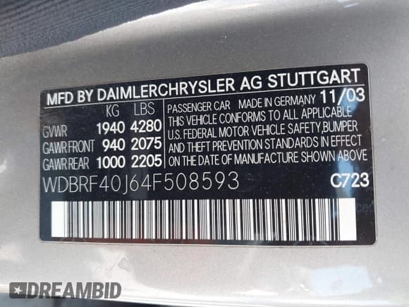 ✅ 2004 Mercedes-Benz C 230 Kompressor • VIN: WDBRF40J64F508593 • Lot: 42454790. Listed on IAAI with Not provided. Free auction sales archive from the USA and detailed vehicle history report at DreamBid. Image 9.