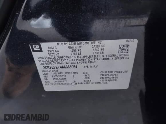 2010 Chevrolet Equinox 2LT with VIN 2CNFLPEY4A6363964, listed as a IAAI auction lot 43480812 with 232,413 mi miles and . Bid and sale history available at DreamBid. Image 9.