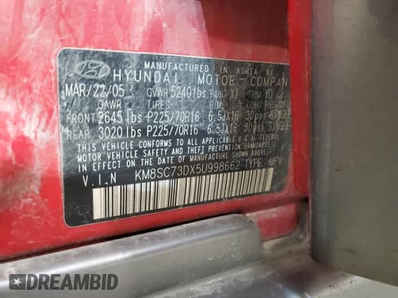 2005 Hyundai Santa Fe GLS z VIN KM8SC73DX5U998662, wystawiony jako Copart lot #67643502 z przebiegiem 223 583 mil mil oraz Nie do naprawy • Non repairable. Historia ofert i sprzedaży dostępna na DreamBid. Obrazek 10.