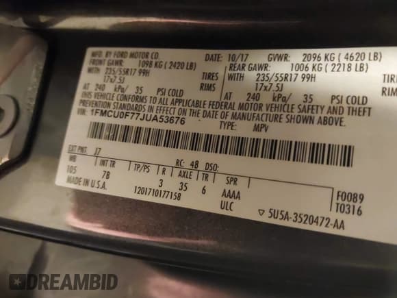 ✅ 2018 Ford Escape S • VIN: 1FMCU0F77JUA53676 • Lot: 43571750. Listed on IAAI with 93,273 mi. Free auction sales archive from the USA and detailed vehicle history report at DreamBid. Image 9.