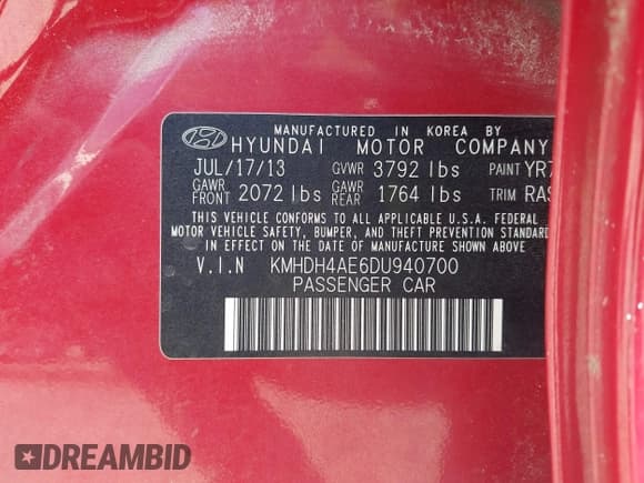 ✅ 2013 Hyundai Elantra GLS • VIN: KMHDH4AE6DU940700 • Lot: 42572122. Listed on IAAI with 190,222 mi. Free auction sales archive from the USA and detailed vehicle history report at DreamBid. Image 9.