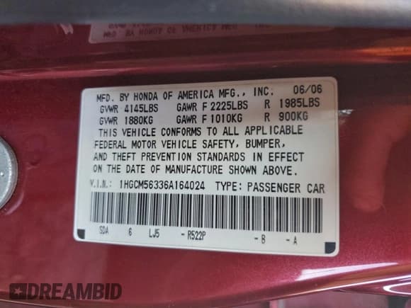 ✅ 2006 Honda Accord LX SE • VIN: 1HGCM56336A164024 • Лот: 95714965. Опубликован ранее на Copart с пробегом 320 803 миль. Бесплатный доступ к архиву аукционных продаж из США и подробный отчёт об истории автомобиля на DreamBid. Изображение 12.