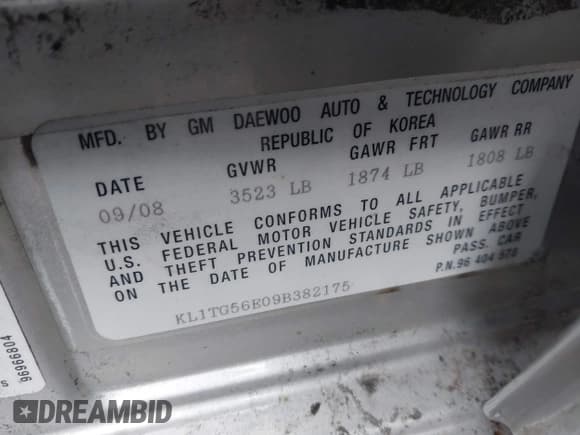 ✅ 2009 Chevrolet Aveo 2LT • VIN: KL1TG56E09B382175 • Lot: 42346876. Listed on IAAI with 136,344 mi. Free auction sales archive from the USA and detailed vehicle history report at DreamBid. Image 9.