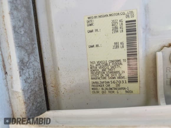 ✅ 2010 Nissan Altima SR • VIN: 1N4BL2AP3AN567031 • Lot: 42324108. Listed on IAAI with 179,978 mi. Free auction sales archive from the USA and detailed vehicle history report at DreamBid. Image 9.