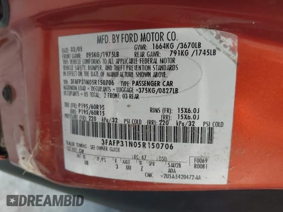 ✅ 2005 Ford Focus S • VIN: 3FAFP31N05R150706 • Лот: 42355781. Опубликован ранее на IAAI с пробегом 194 401 миль. Бесплатный доступ к архиву аукционных продаж из США и подробный отчёт об истории автомобиля на DreamBid. Изображение 9.