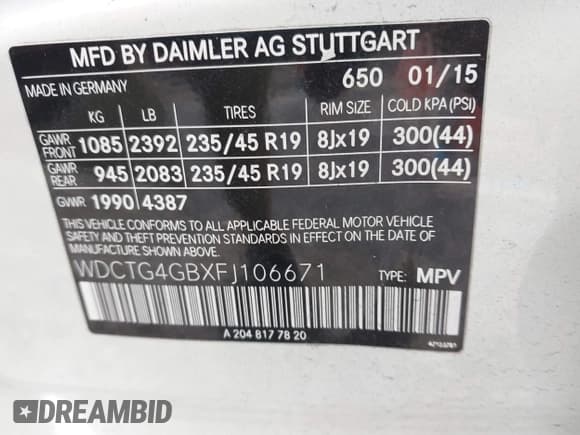 ✅ 2015 Mercedes-Benz GLA 250 • VIN: WDCTG4GBXFJ106671 • Lot: 43816118. Listed on IAAI with 116,659 mi. Free auction sales archive from the USA and detailed vehicle history report at DreamBid. Image 9.