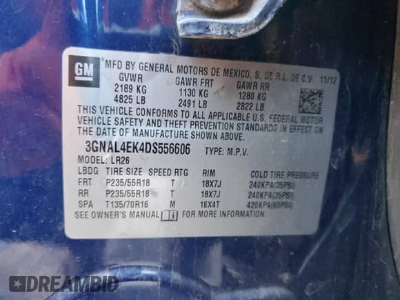 2013 Chevrolet Captiva Sport LTZ z VIN 3GNAL4EK4DS556606, wystawiony jako Copart lot #84316404 z przebiegiem 143 372 mil mil oraz Czysty tytuł • Clean title. Historia ofert i sprzedaży dostępna na DreamBid. Obrazek 13.