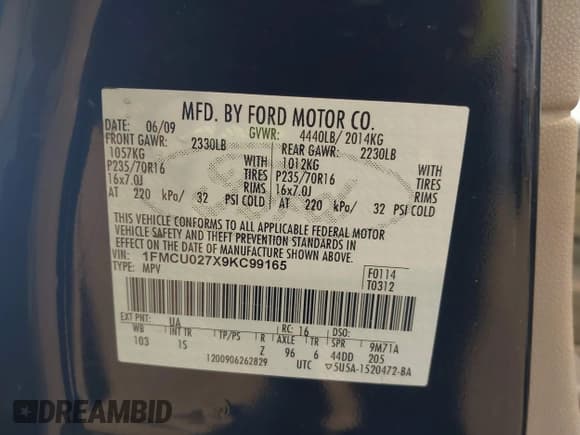 ✅ 2009 Ford Escape XLS • VIN: 1FMCU027X9KC99165 • Lot: 42565928. Listed on IAAI with 179,177 mi. Free auction sales archive from the USA and detailed vehicle history report at DreamBid. Image 9.