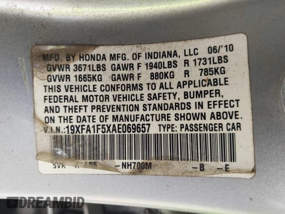 ✅ 2010 Honda Civic LX • VIN: 19XFA1F5XAE069657 • Lot: 43476749. Wystawiony na IAAI z przebiegiem 178 893 mil. Bezpłatny archiwum sprzedaży aukcyjnych z USA i szczegółowy raport historii pojazdu na DreamBid. Zdjęcie 9.