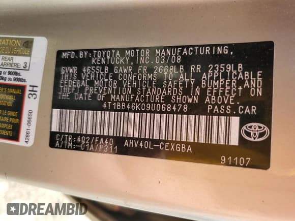 ✅ 2009 Toyota Camry • VIN: 4T1BB46K09U068478 • Lot: 93185625. Listed on Copart with 165,165 mi. Free auction sales archive from the USA and detailed vehicle history report at DreamBid. Image 12.