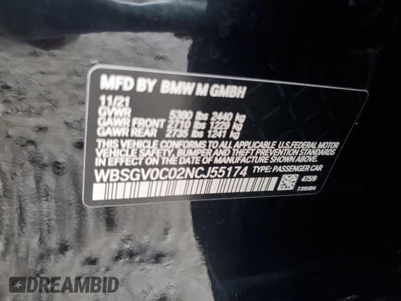 ✅ 2022 BMW M8 Competition • VIN: WBSGV0C02NCJ55174 • Lot: 81730885. Listed on Copart with 27,086 mi. Free auction sales archive from the USA and detailed vehicle history report at DreamBid. Image 12.