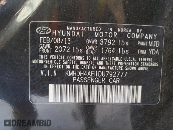 ✅ 2013 Hyundai Elantra Limited • VIN: KMHDH4AE1DU792777 • Lot: 58369775. Listed on Copart with 95,692 mi. Free auction sales archive from the USA and detailed vehicle history report at DreamBid. Image 12.