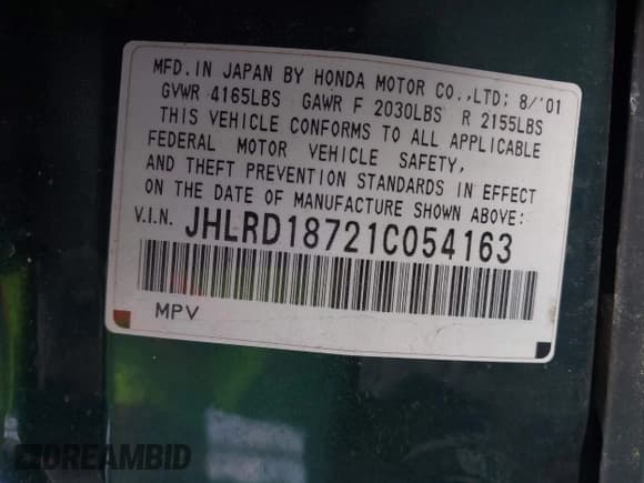 ✅ 2001 Honda CR-V SE • VIN: JHLRD18721C054163 • Lot: 42826704. Listed on IAAI with Not provided. Free auction sales archive from the USA and detailed vehicle history report at DreamBid. Image 9.