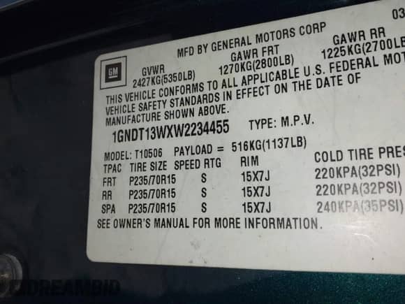 1998 Chevrolet Blazer LT with VIN 1GNDT13WXW2234455, listed as a IAAI auction lot 41672409 with 258,433 mi miles and . Bid and sale history available at DreamBid. Image 9.