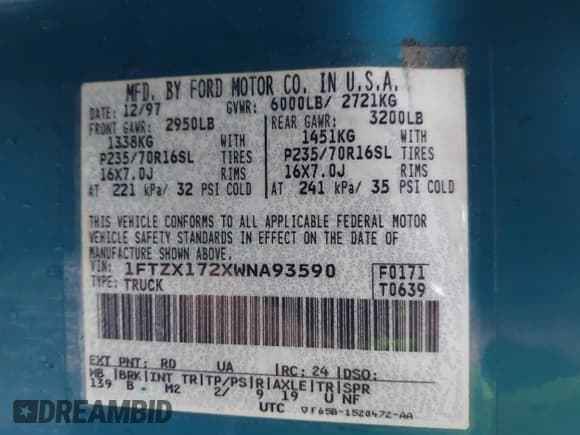 ✅ 1998 Ford F-150 • VIN: 1FTZX172XWNA93590 • Lot: 42630006. Listed on IAAI with 180,178 mi. Free auction sales archive from the USA and detailed vehicle history report at DreamBid. Image 9.