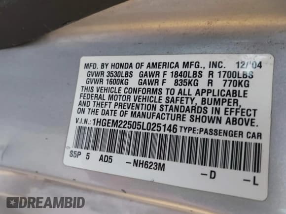 ✅ 2005 Honda Civic LX • VIN: 1HGEM22505L025146 • Lot: 43796034. Listed on IAAI with 303,895 mi. Free auction sales archive from the USA and detailed vehicle history report at DreamBid. Image 9.