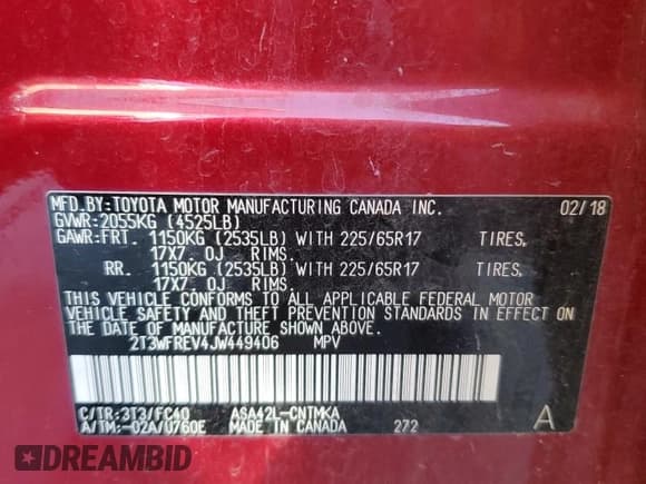 ✅ 2018 Toyota RAV4 XLE • VIN: 2T3WFREV4JW449406 • Lot: 86521765. Listed on Copart with 110,206 mi. Free auction sales archive from the USA and detailed vehicle history report at DreamBid. Image 13.