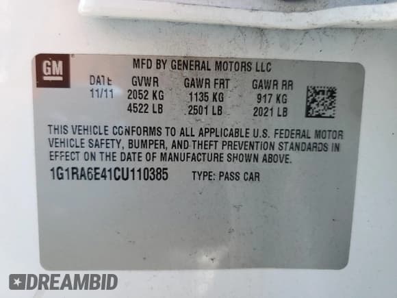 ✅ 2012 Chevrolet Volt • VIN: 1G1RA6E41CU110385 • Lot: 92080875. Wystawiony na Copart z przebiegiem 98 838 mil. Bezpłatny archiwum sprzedaży aukcyjnych z USA i szczegółowy raport historii pojazdu na DreamBid. Zdjęcie 12.