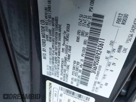 ✅ 2015 Ford Fusion Titanium • VIN: 3FA6P0SU8FR243611 • Lot: 43169838. Wystawiony na IAAI z przebiegiem 131 248 mil. Bezpłatny archiwum sprzedaży aukcyjnych z USA i szczegółowy raport historii pojazdu na DreamBid. Zdjęcie 9.